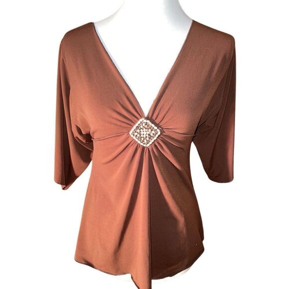 Design Works V-neck Brown Boho Blouse Size Medium - Picture 1 of 12